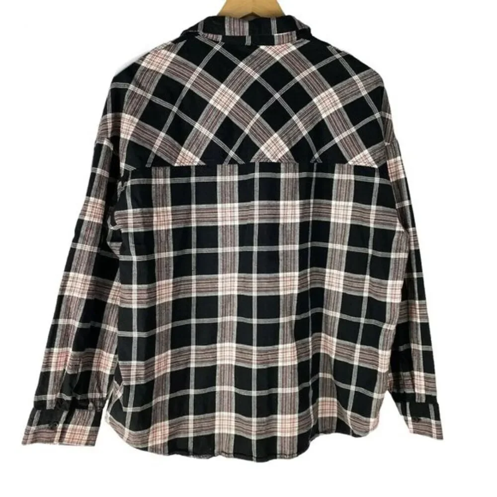 H&M Divided‎ Boyfriend Shirt Women S Black Plaid Western Cowgirl Button Up NEW